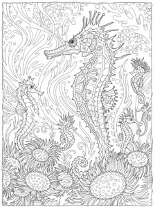 דף צביעה ציור עם סוסוני ים לצביעה ולהדפסה