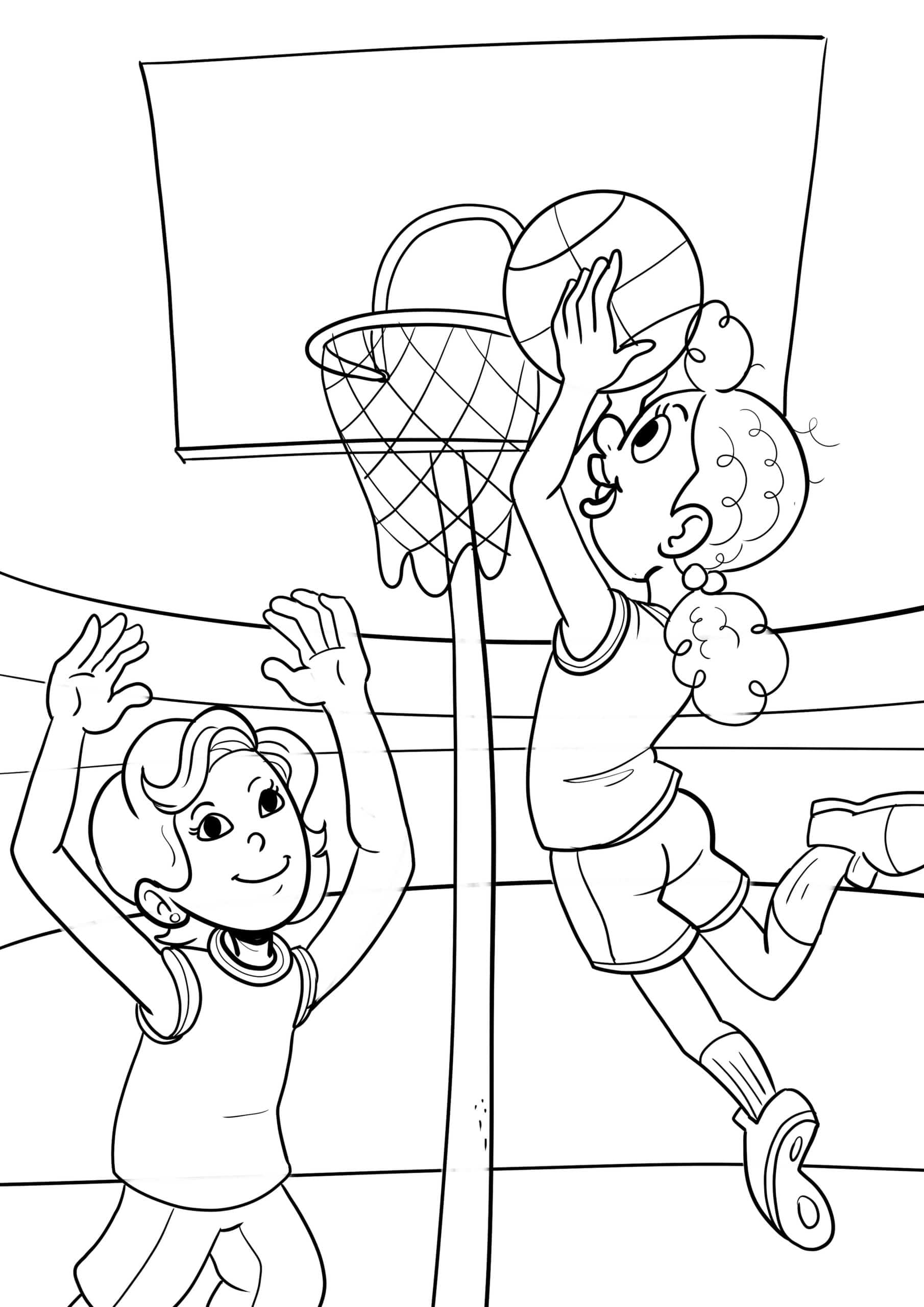 דף צביעה ילדים משחקים בכדורסל לצביעה