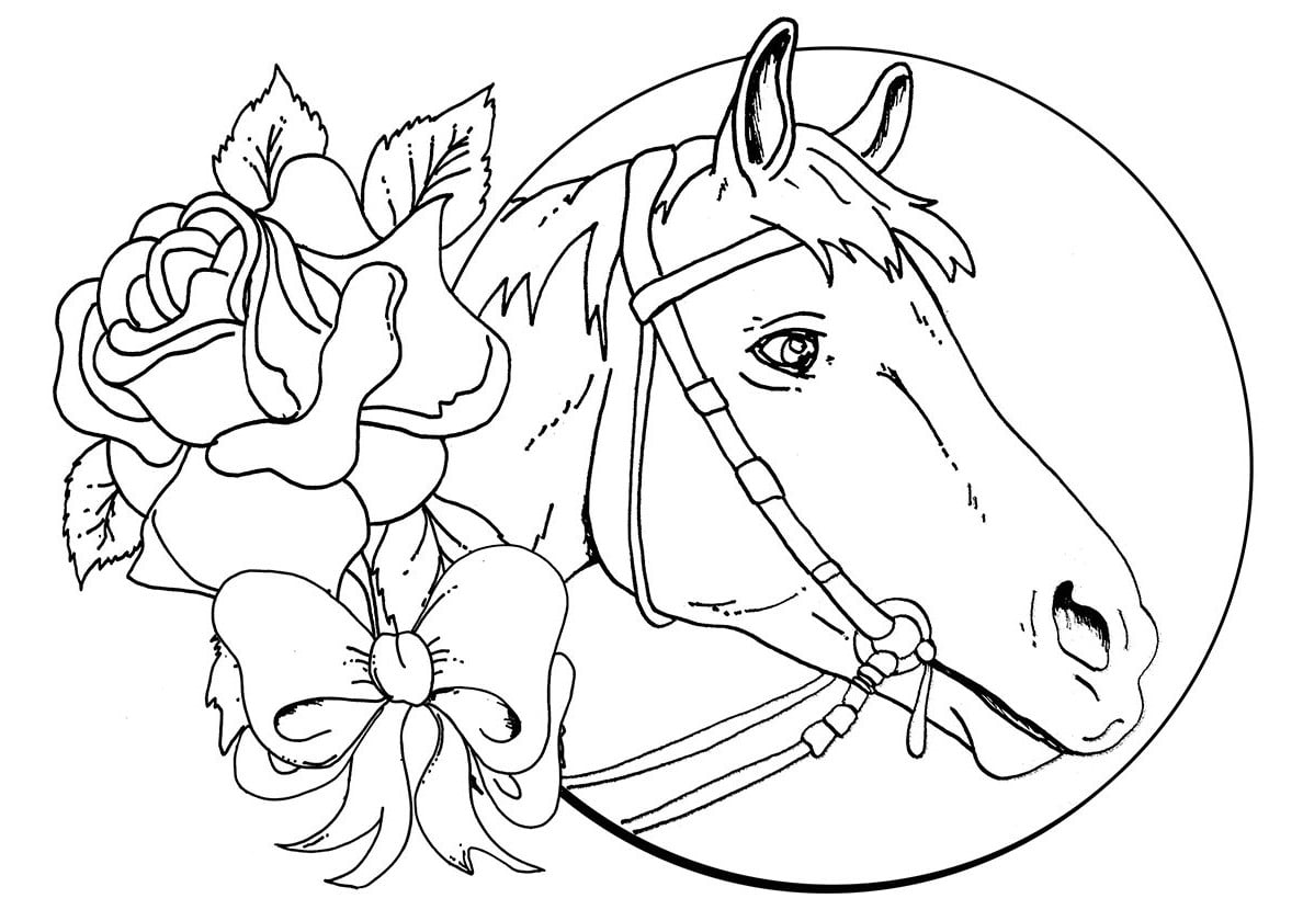 דף צביעה עם סוס ופרחים