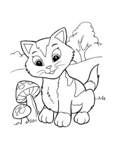 דף צביעה ציור של חתול ופטריה לצביעה ולהדפסה