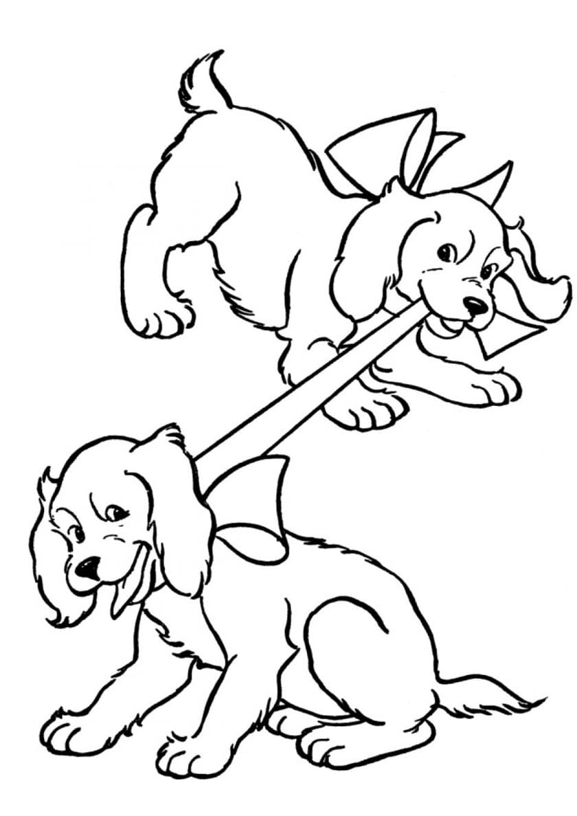 דף צביעה עם שני כלבים שמשחקים