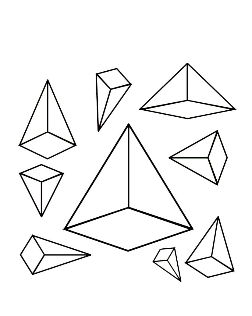 דף צביעה עם צורות של משולשים בתלת מימד בכיוונים שונים