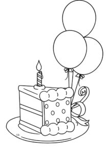 דף צביעה פרוסה של עוגת יום הולדת ובלונים דף לצביעה
