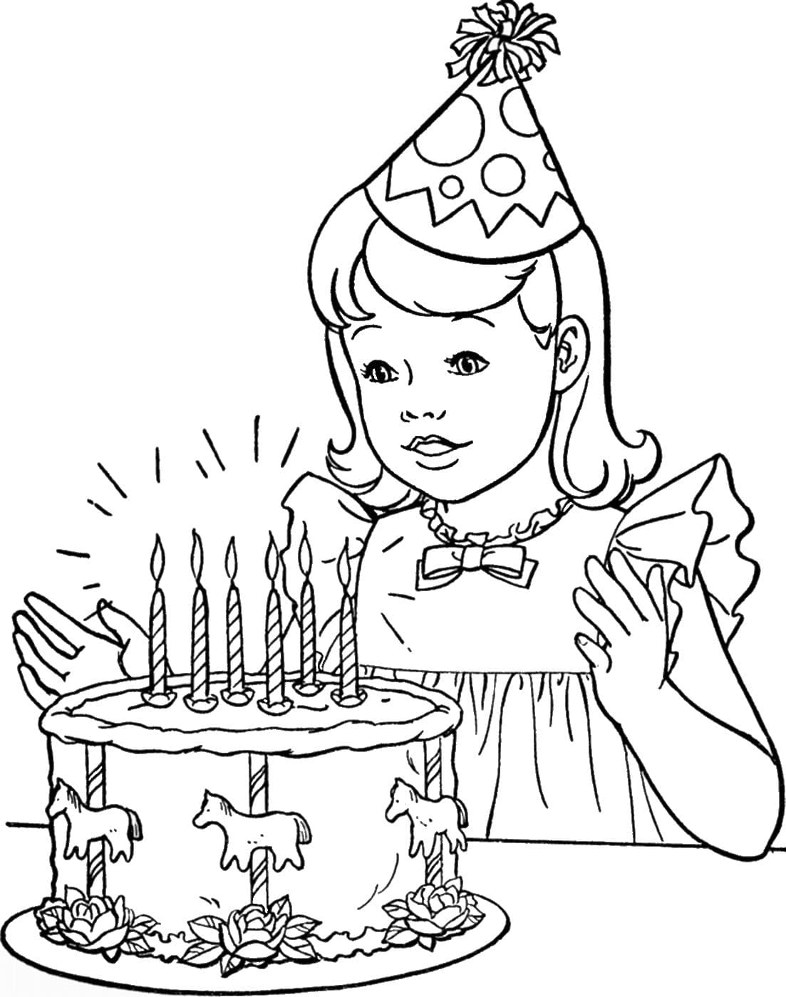 דף צביעה מיוחד של ילדת יום הולדת חגיגית ועוגה יפה