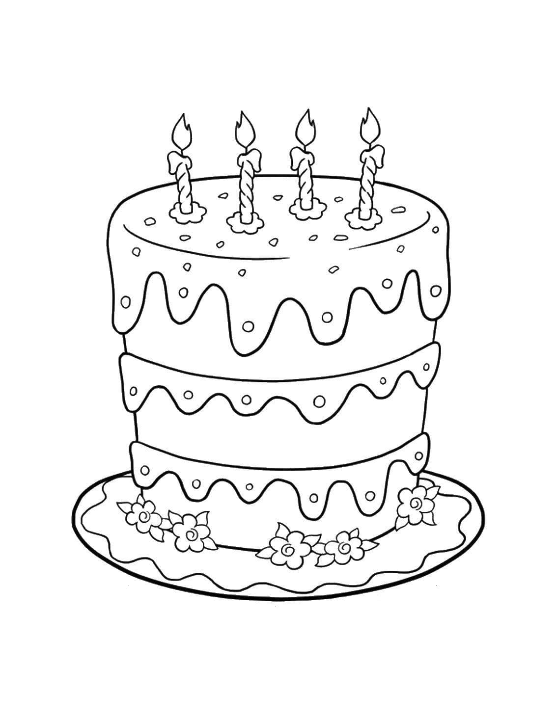 דף צביעה של עוגת יום הולדת מיוחדת עם ארבעה נרות
