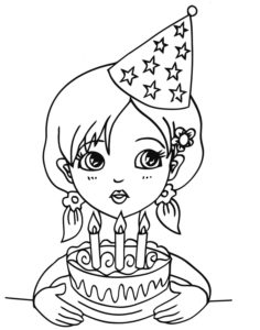 דף צביעה דף צביעה ליום הולדת גיל שלוש עם ילדה שמחזיקה עוגה חגיגית