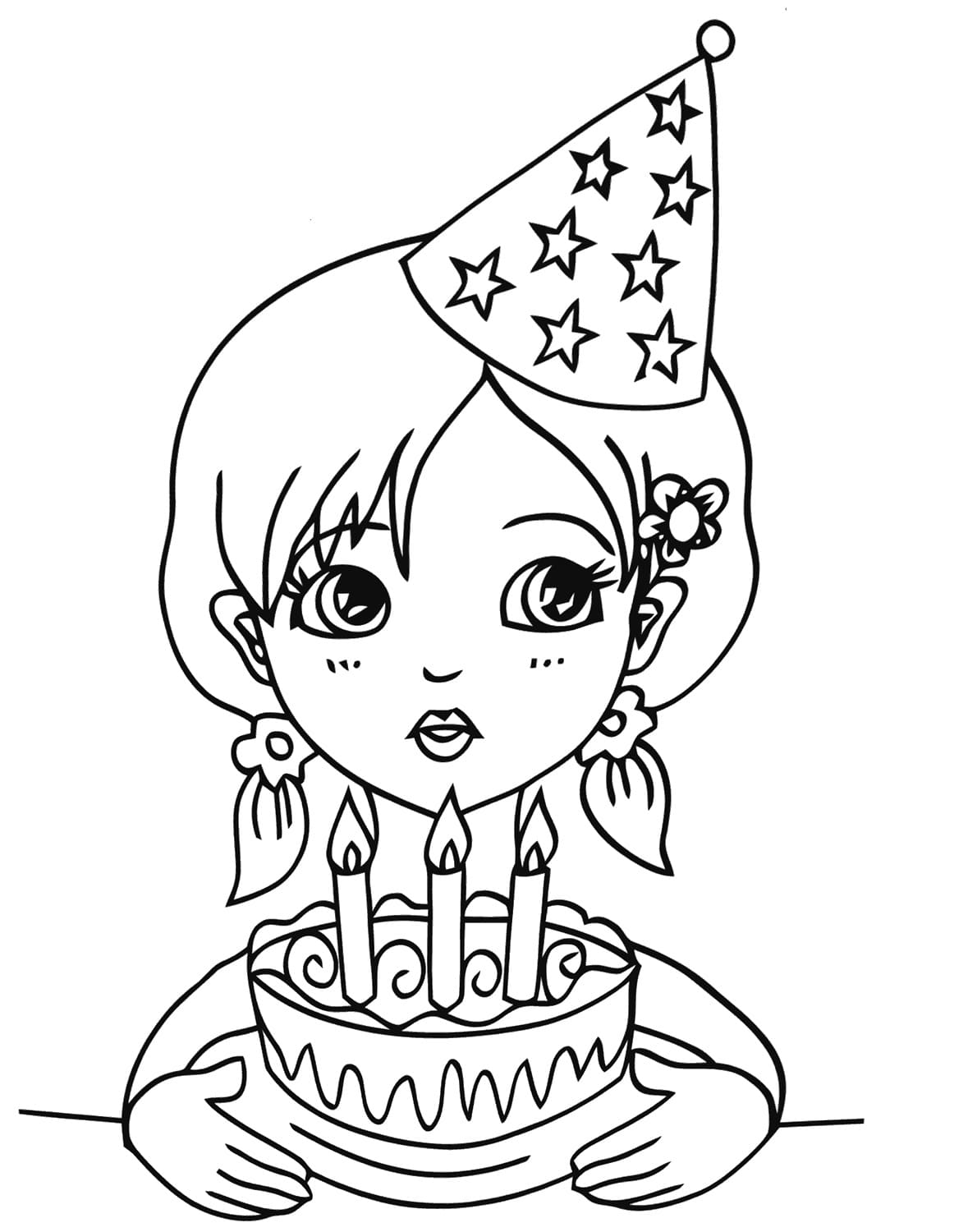 דף צביעה ליום הולדת גיל שלוש עם ילדה שמחזיקה עוגה חגיגית