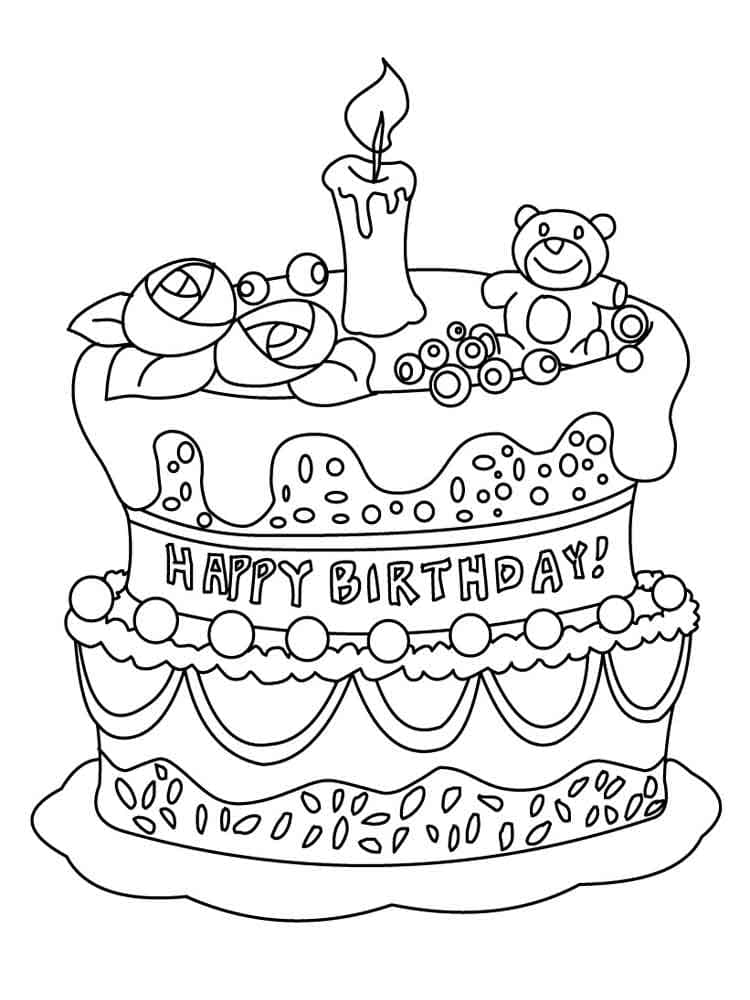 דף צביעה של עוגת יום הולדת עם דובי מקושטת בפרחים