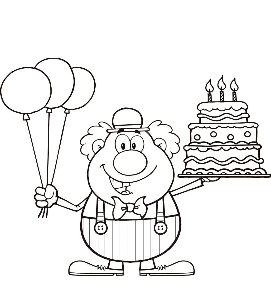 דף צביעה עם ליצן חמוד מחזיק עוגת יום הולדת ובלונים