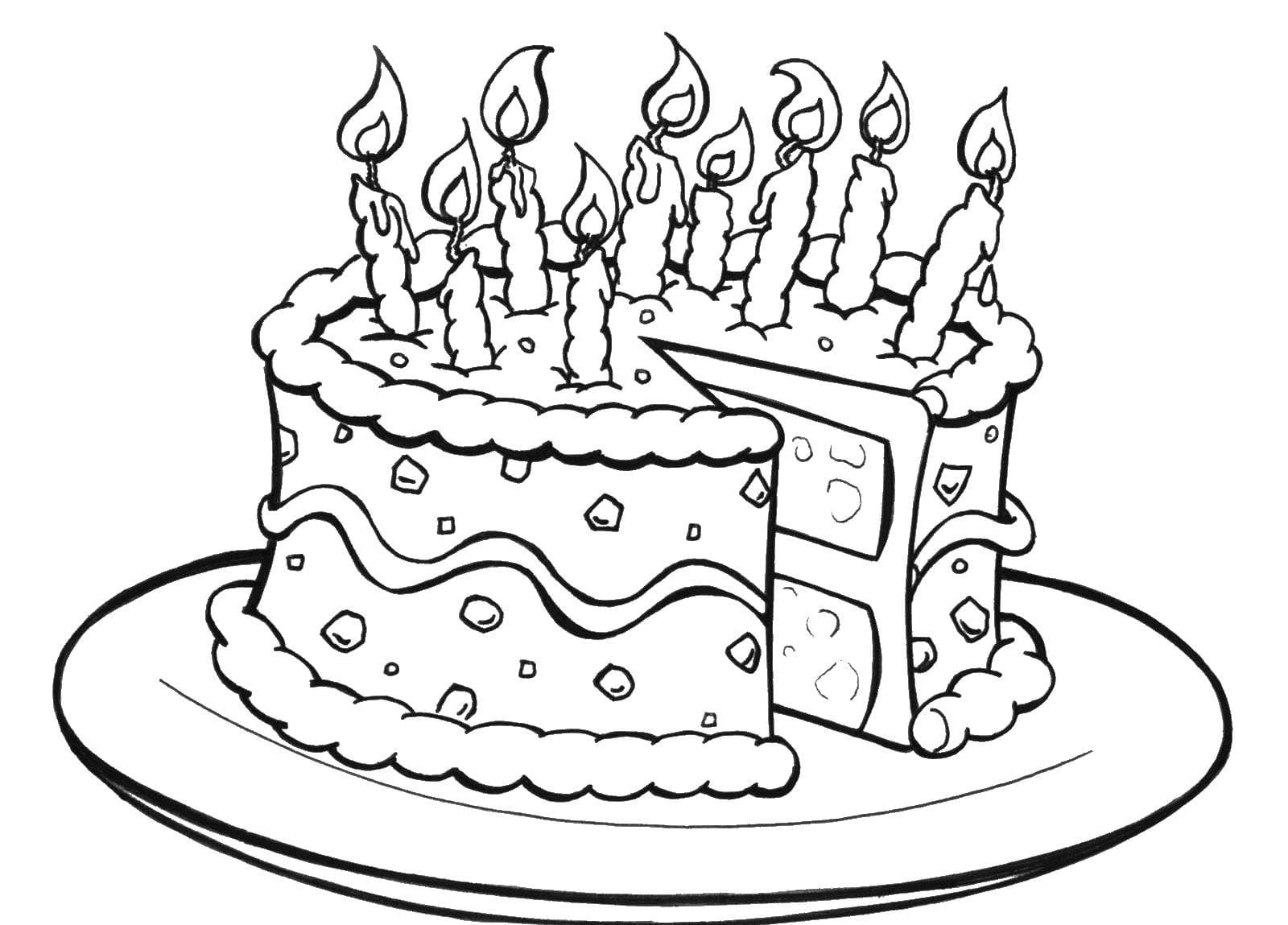 דף צביעה של עוגת יום הולדת יפה עם תשעה נרות