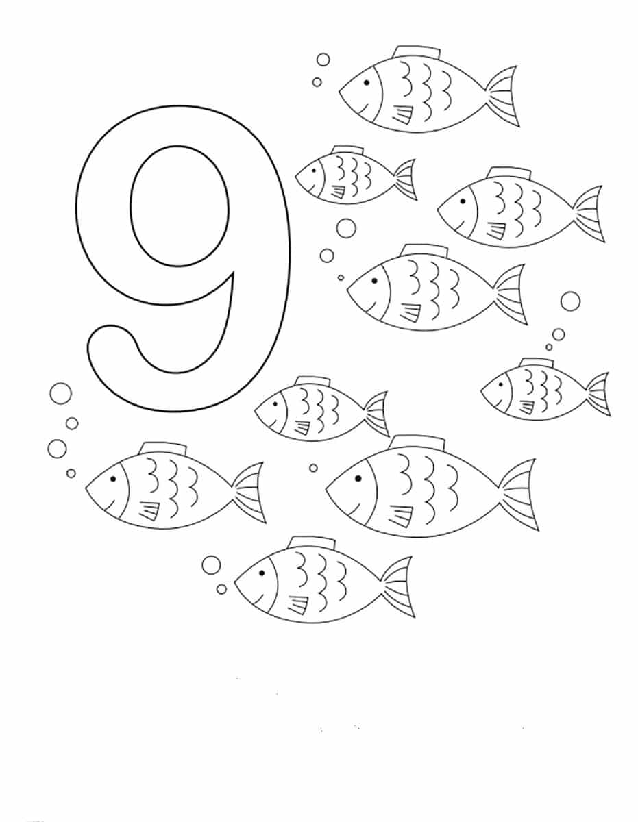 דף צביעה עם הספרה תשע ותשעה דגים שוחים