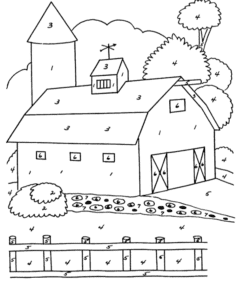 דף צביעה דף צביעה לפי מספרים עם ציור של בית בחווה