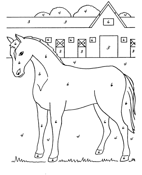 דף צביעה לפי מספרים עם ציור של סוס ליד אורווה
