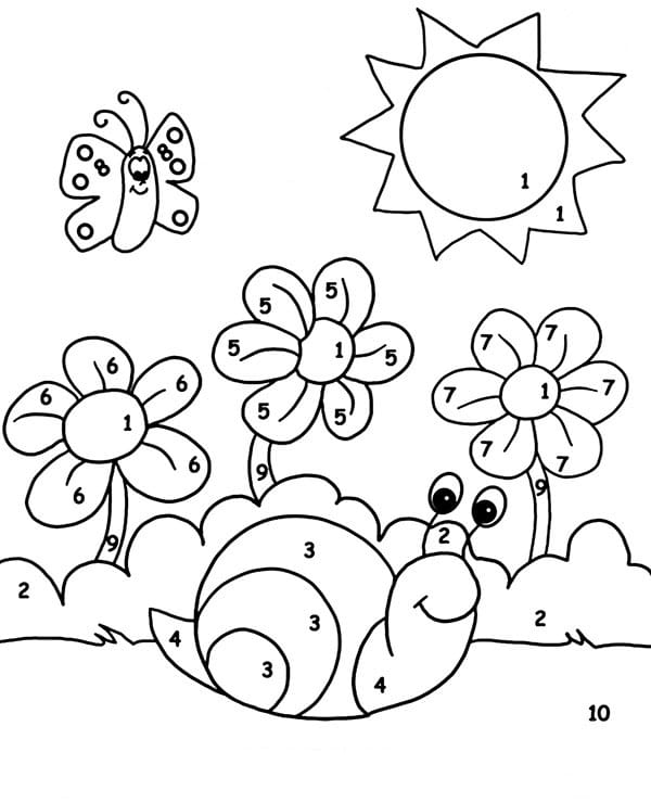 דף צביעה לפי מספרים עם ציור של חילזון ופרפר בשמש