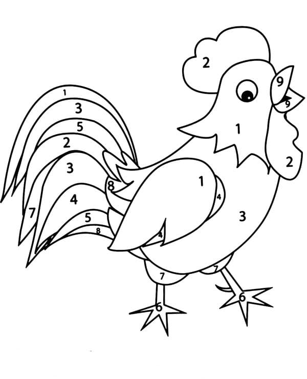 דף צביעה לפי מספרים עם ציור פשוט של תרנגול