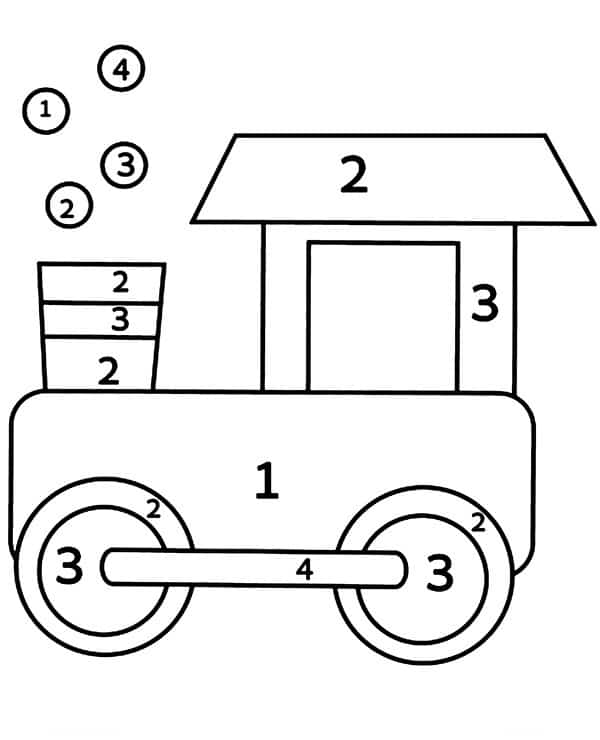 דף צביעה לפי מספרים עם ציור של קטר רכבת