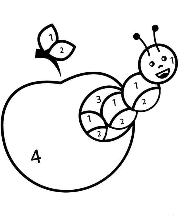 דף צביעה לפי מספרים עם ציור של תולעת בתפוח