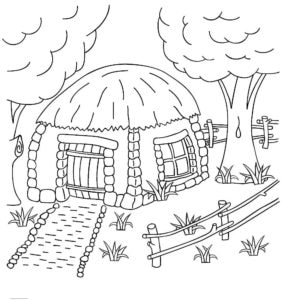 דף צביעה ציור לצביעה של בית מעוגל קטן בין עצים