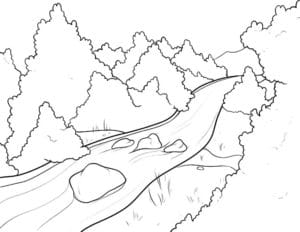 דף צביעה ציור של נחל זורם בין הרים לצביעה