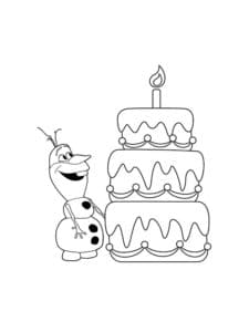 דף צביעה אולף בובת השלג עם עוגת יום הולדת גדולה