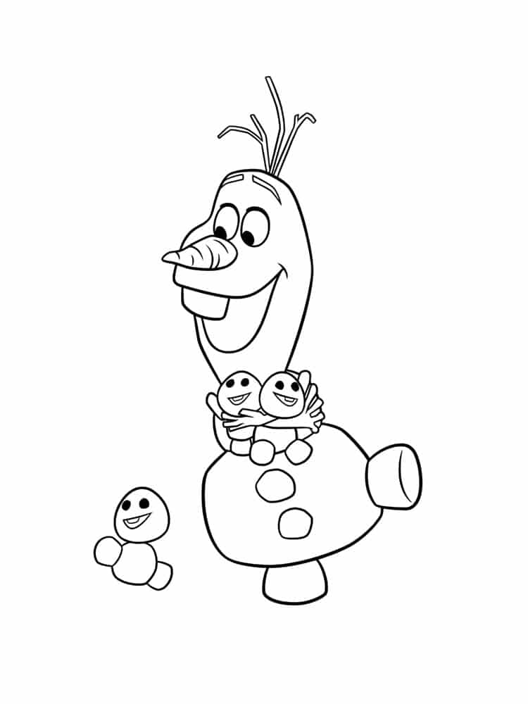 דף צביעה של אולף בובת השלג רוקד עם בובות שלג קטנות