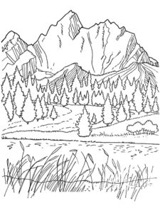 דף צביעה דף צביעה של נוף פסטורלי עם הרים ועצים