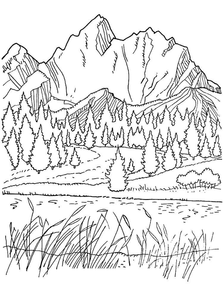 דף צביעה של נוף פסטורלי עם הרים ועצים