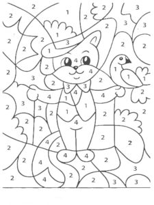 דף צביעה דף צביעה לפי מספרים עם ציור של חתול עם כובע