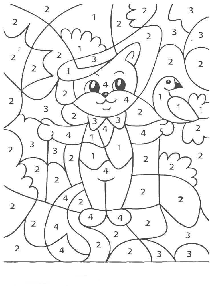 דף צביעה לפי מספרים עם ציור של חתול עם כובע