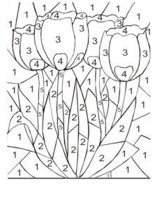 דף צביעה דף צביעה לפי מספרים עם ציור של פרחים