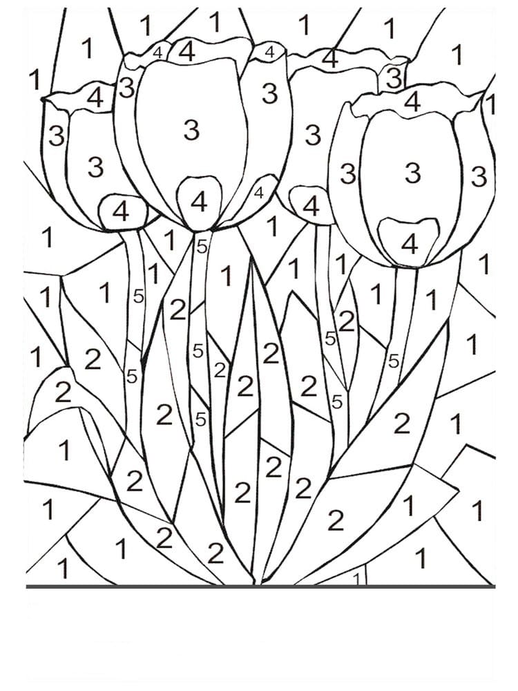 דף צביעה לפי מספרים עם ציור של פרחים
