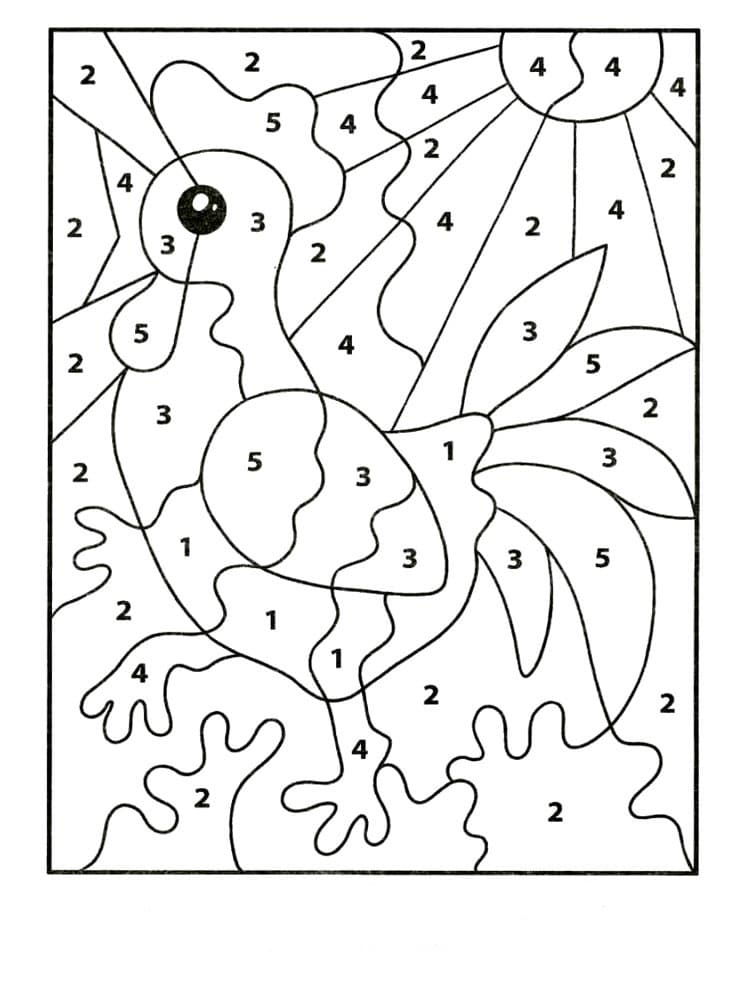 דף צביעה לפי מספרים עם ציור של תרנגול קורא בבוקר