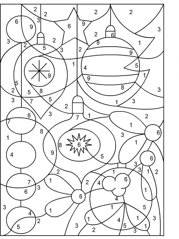 דף צביעה לפי מספרים עם ציור של קישוטים ואורות מהבהבים