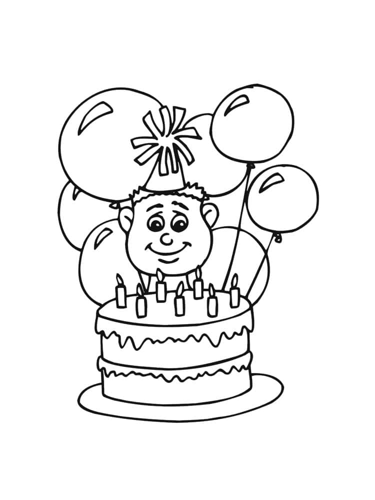 דף צביעה של עוגת יום הולדת וילד חמוד