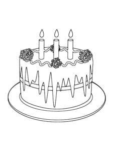 דף צביעה עוגת יום הולדת גיל שלוש עם פרחים לצביעה