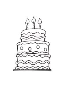דף צביעה עוגת יום הולדת גבוהה עם שלושה נרות לצביעה