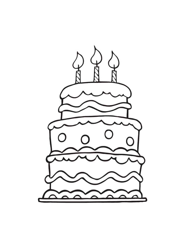 עוגת יום הולדת גבוהה עם שלושה נרות לצביעה