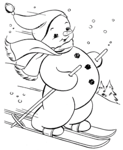 דף צביעה של בובת שלג עושה סקי