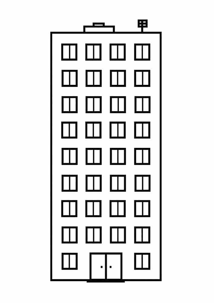 דף צביעה עם ציור של בניין דירות גבוה