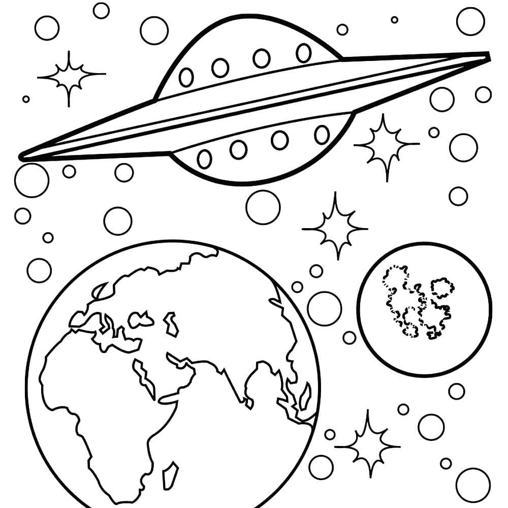 דף צביעה עם ציור של כוכבים וכדור הארץ