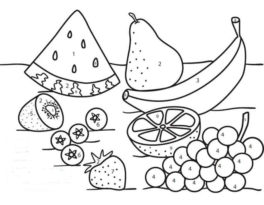 דף צביעה לפי מספרים עם ציור של פירות