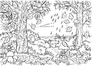 דף צביעה ציור של יער גשום ופטריות לצביעה