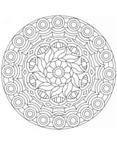 דף צביעה מנדלה עם פרח במרכז ועיגולים סביב דף צביעה