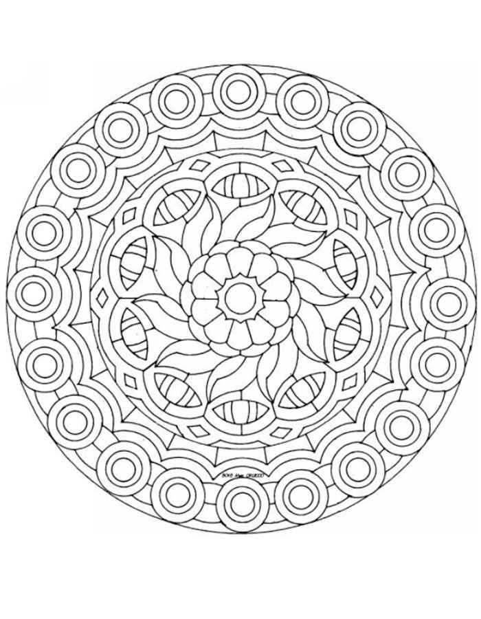 מנדלה עם פרח במרכז ועיגולים סביב דף צביעה