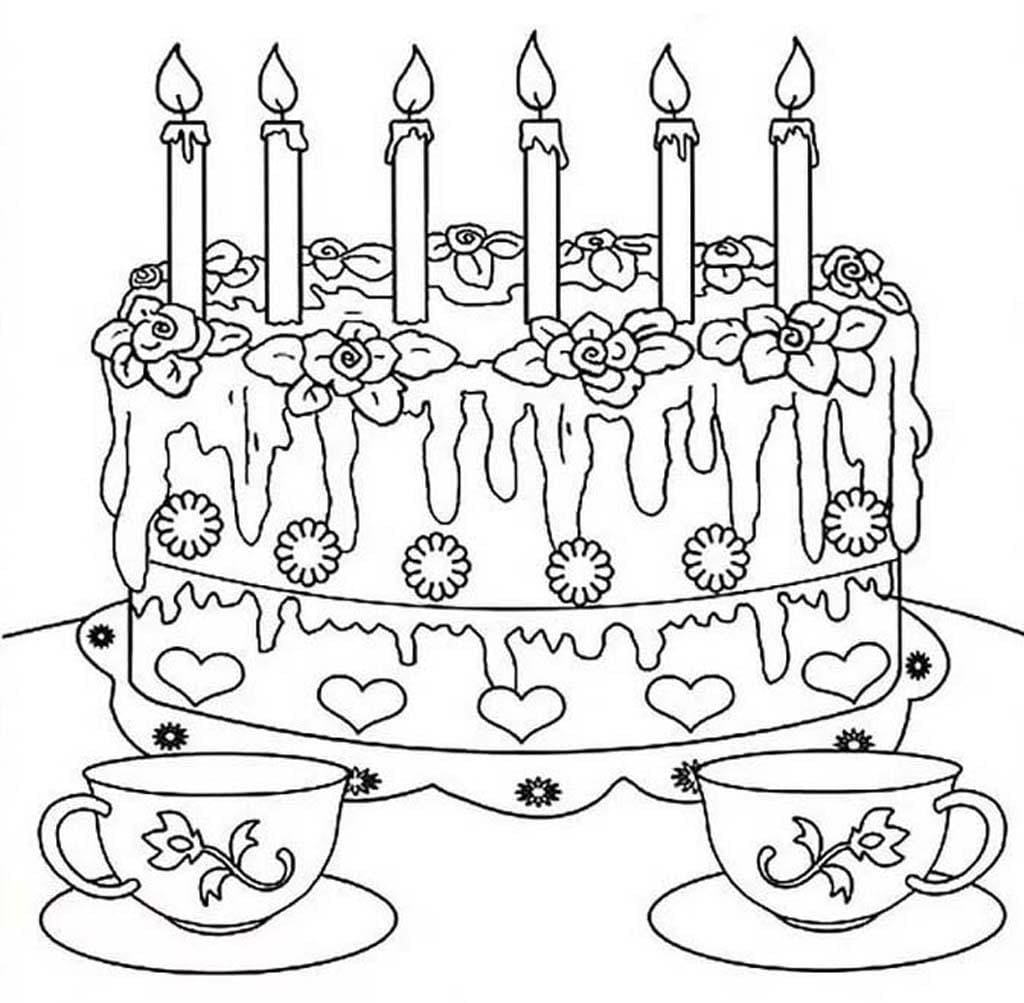דף צביעה של עוגת יום הולדת מיוחדת וכוסות תה
