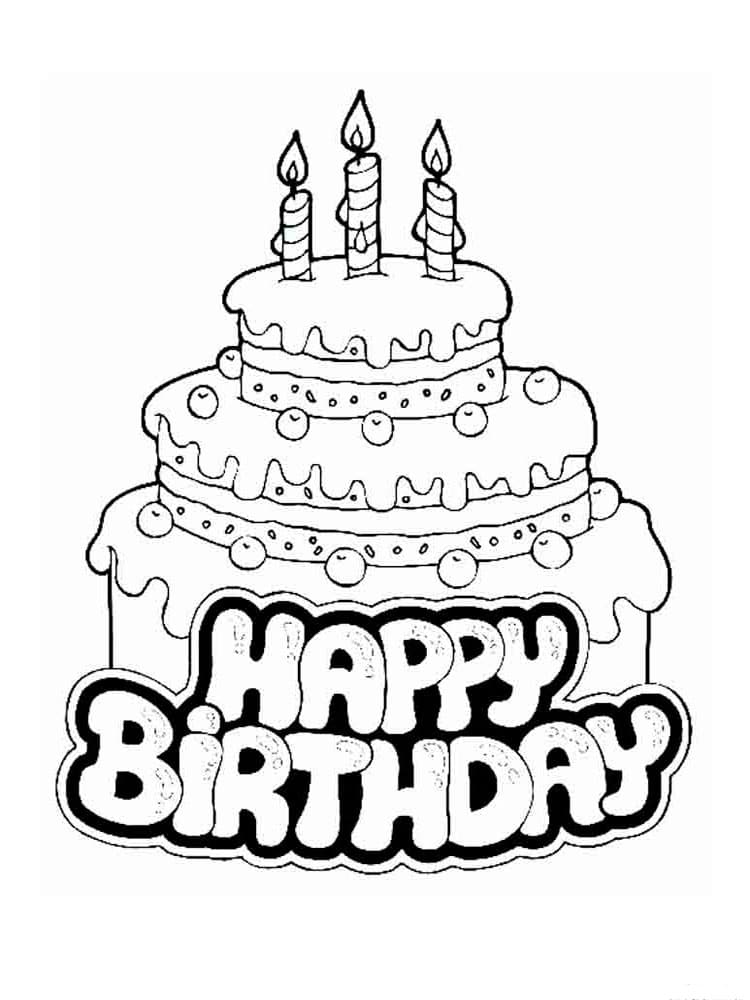 דף צביעה של עוגת יום הולדת לגיל שלוש עם כיתוב מתאים