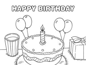 דף צביעה דף צביעה ליום הולדת גיל שנה עם עוגה ובלונים