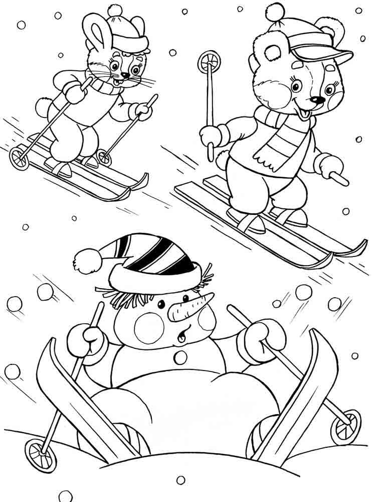 דף צביעה של בובת שלג עם חברים בסקי