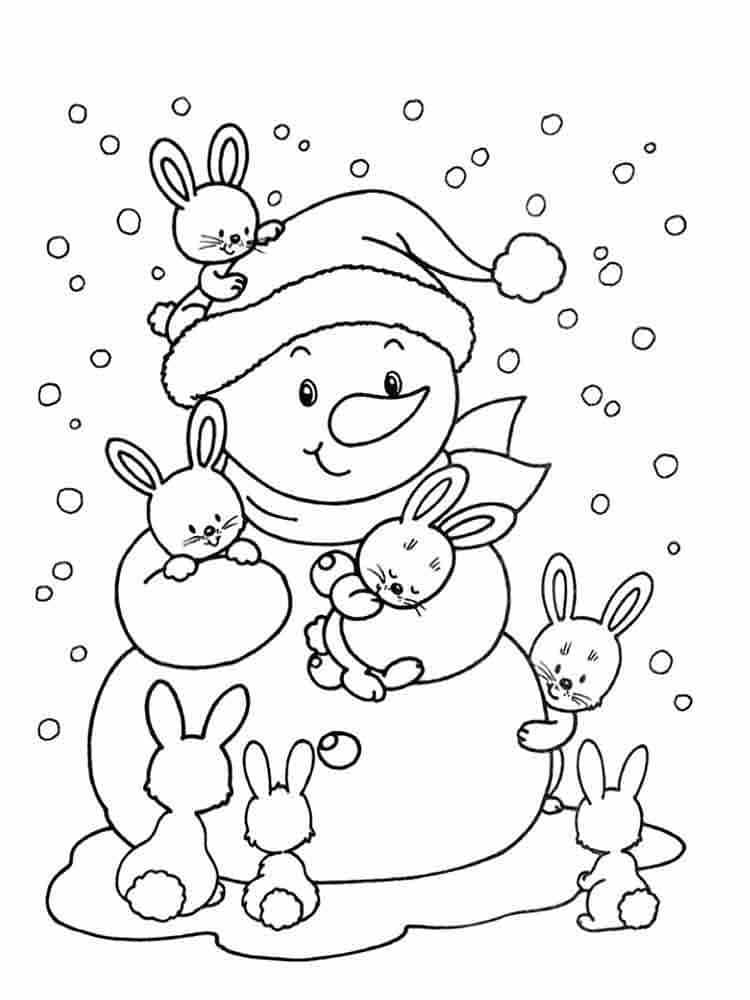 דף צביעה של בובת שלג עם ארנבונים חמודים