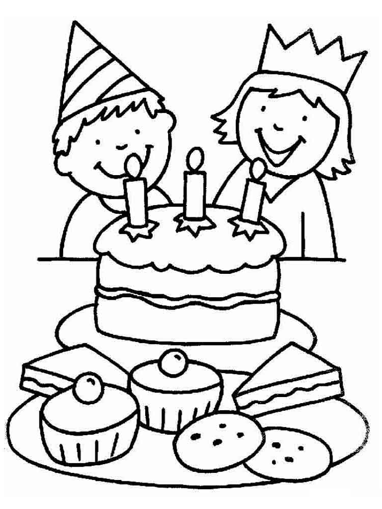דף צביעה של ילדים עם עוגת יום הולדת ושלוש נרות